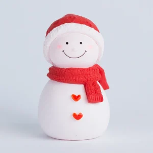 Figurină om de zăpadă – cu fular și căciulă roșie din rășină, decor elegant și cadou ideal pentru Crăciun.
