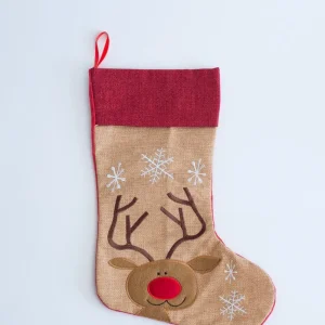 Ciorap Crăciun cu ren brodat – 44 × 28 cm din textil, decor elegant și cadou ideal pentru sărbători.