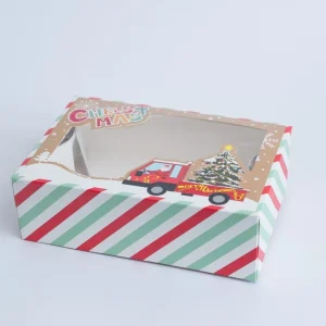 Cutie Crăciun cu fereastră – Camion Moș Crăciun din carton gros, decor elegant și cadou ideal pentru sărbători.