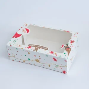 Cutie Crăciun cu fereastră – Moș Crăciun și ren din carton gros, decor elegant și cadou ideal pentru sărbători.
