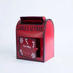 Cutie poștală metalică roșie pentru scrisorile lui Moș Crăciun din metal, decor elegant și cadou ideal pentru Crăciun.