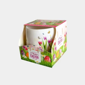 lumânare parfumată în pahar decor Paște cu flori și ouă colorate